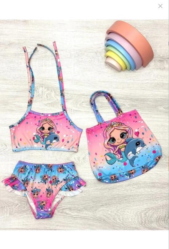 Üç Parça Çantalı Kız Çocuk Fırfırlı Bikini Takım 0707KR
