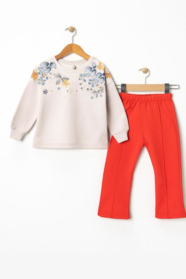 3 İplik Şardonlu Çiçek Desenli Sweatshirt ve Kırmızı Eşofman Altı Takım 10745K