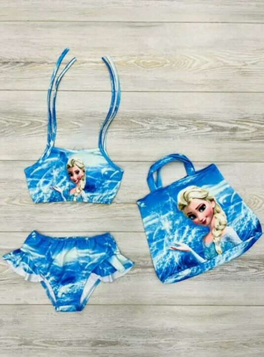 Kız Çocuk 3 Parça  Fırfırlı Bikini Takım Üstü Baskılı Kız Çocuk Mayo Bikini 0128