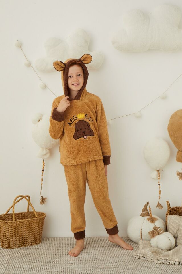 Erkek Çocuk Kahverengi Peluş Polar Pijama Takımı - Kapüşonlu 43307