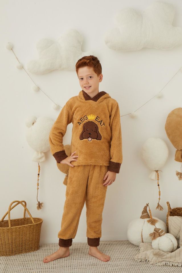 Erkek Çocuk Kahverengi Peluş Polar Pijama Takımı - Kapüşonlu 43307