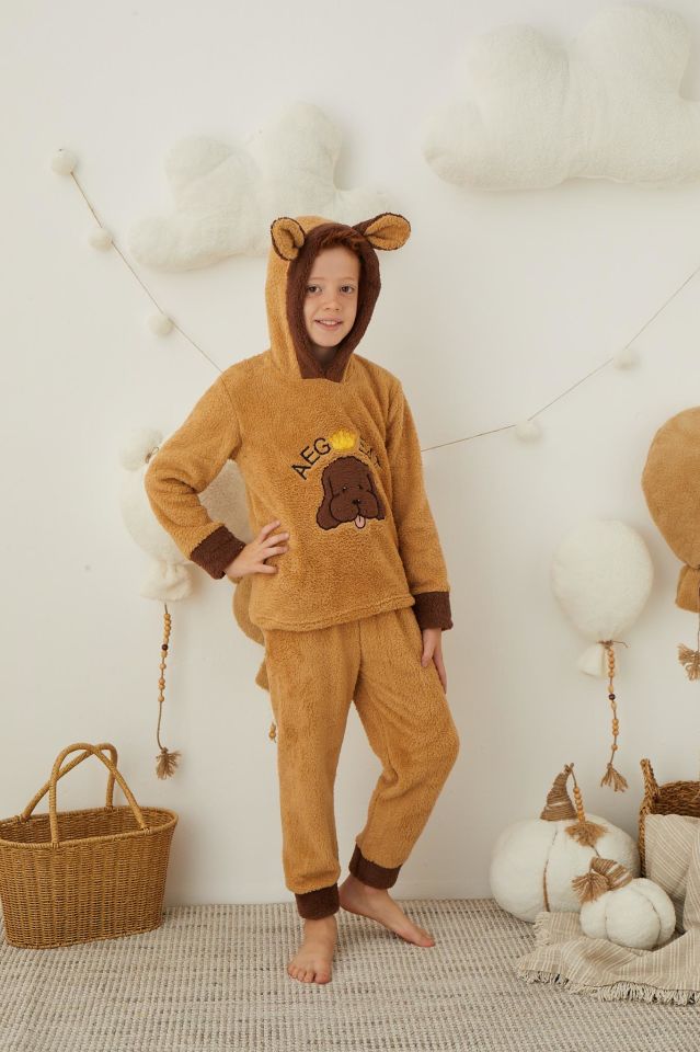 Erkek Çocuk Kahverengi Peluş Polar Pijama Takımı - Kapüşonlu 43307