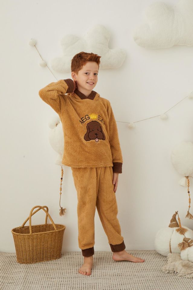 Erkek Çocuk Kahverengi Peluş Polar Pijama Takımı - Kapüşonlu 43307