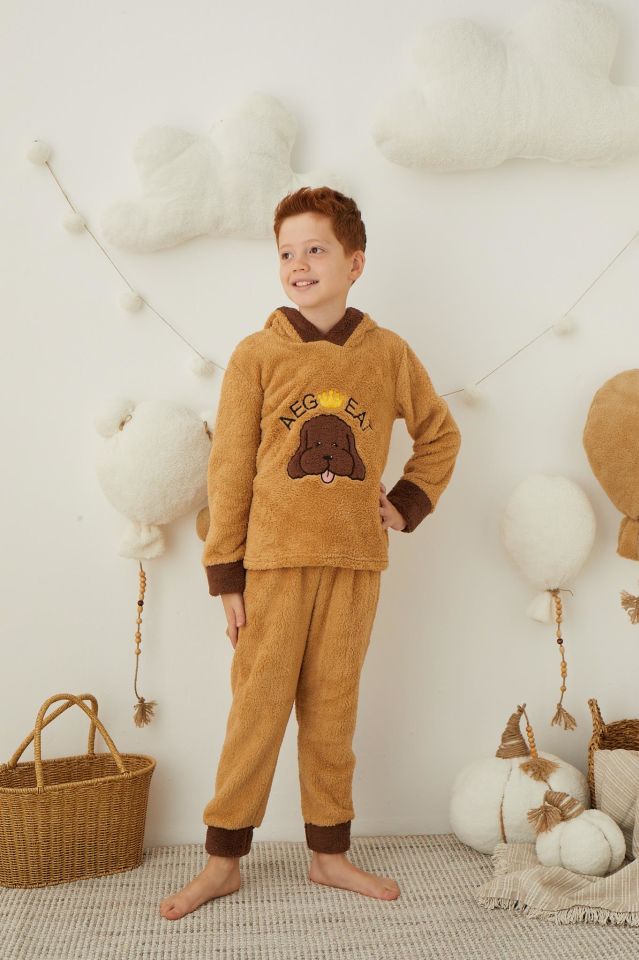 Erkek Çocuk Kahverengi Peluş Polar Pijama Takımı - Kapüşonlu 43307
