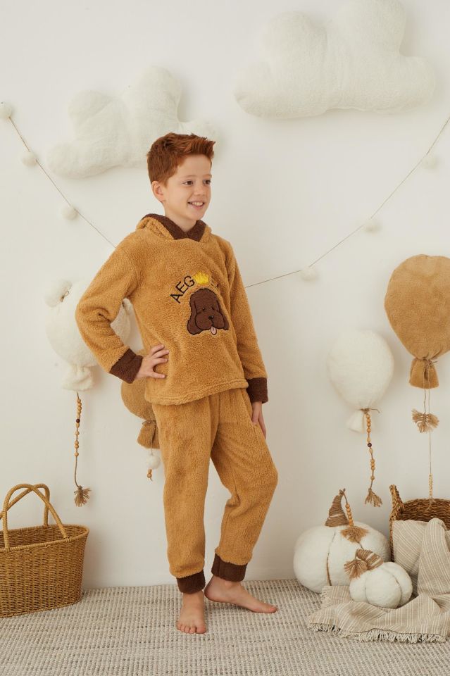 Erkek Çocuk Kahverengi Peluş Polar Pijama Takımı - Kapüşonlu 43307