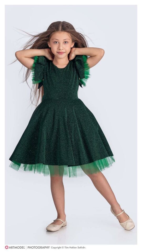 Kız Çocuk Özel Gün Simli Abiye Elbise 167372 YEŞİL