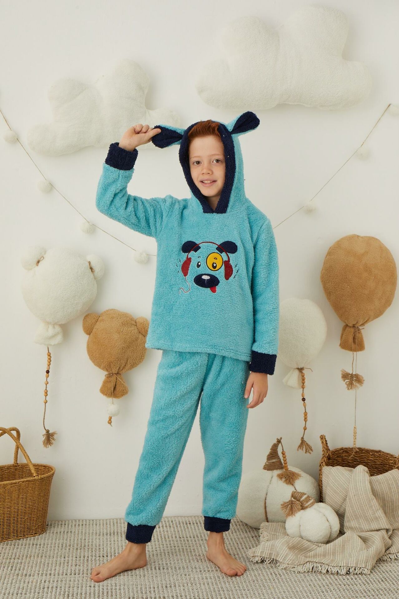 Erkek Çocuk Peluş Polar Pijama Takımı - Kapüşonlu 43310