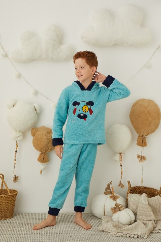 Erkek Çocuk Peluş Polar Pijama Takımı - Kapüşonlu 43310