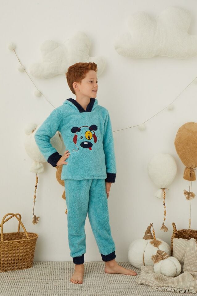 Erkek Çocuk Peluş Polar Pijama Takımı - Kapüşonlu 43310
