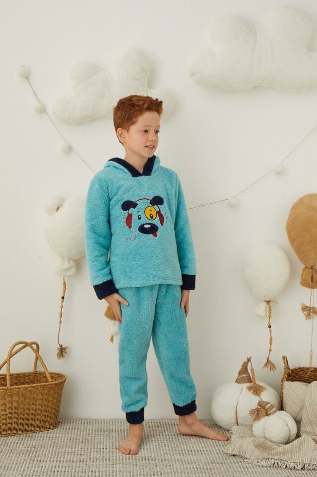 Erkek Çocuk Peluş Polar Pijama Takımı - Kapüşonlu 43310