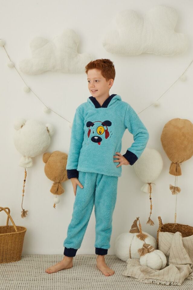 Erkek Çocuk Peluş Polar Pijama Takımı - Kapüşonlu 43310