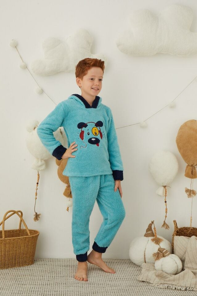 Erkek Çocuk Peluş Polar Pijama Takımı - Kapüşonlu 43310