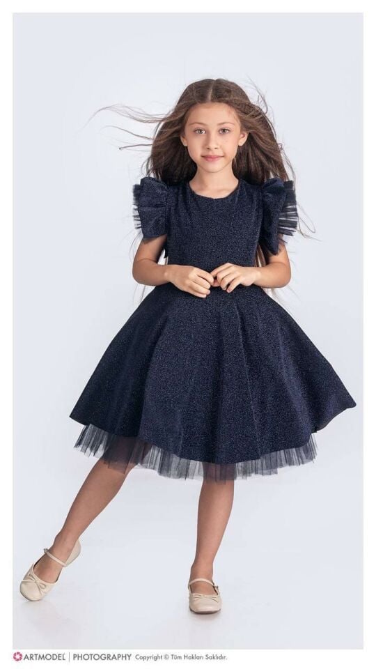 Kız Çocuk Özel Gün Simli Abiye Elbise 167372 LACİVERT