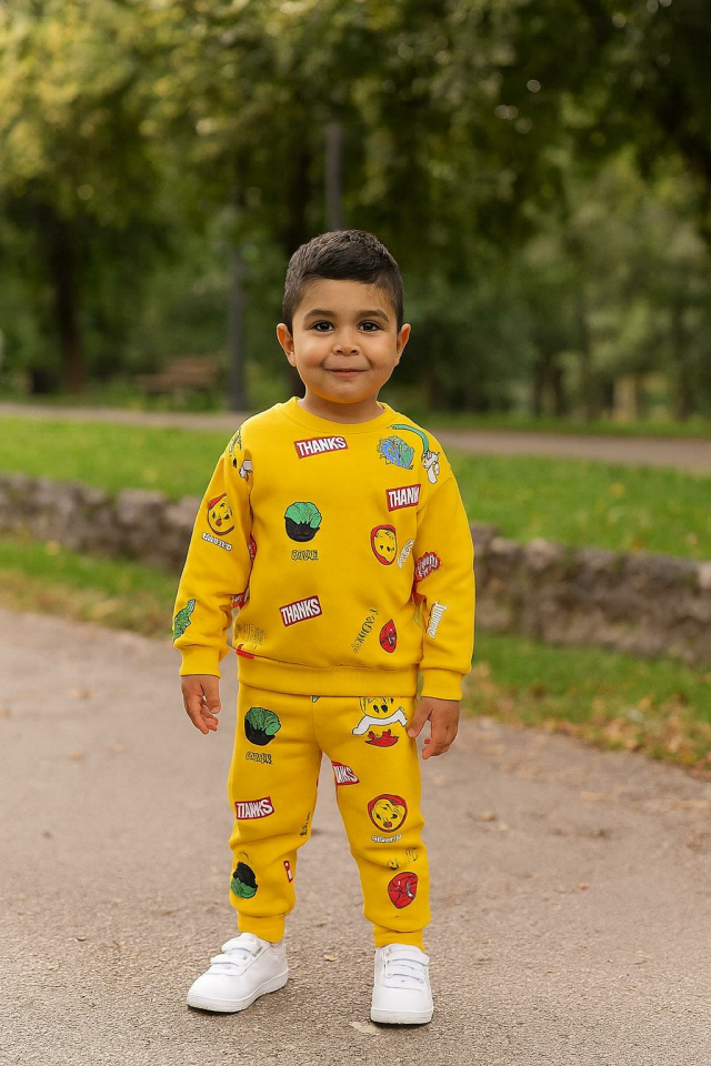 Erkek Bebek Emoji Desenli Şardonlu  Eşofman Takımı (Sweatshirt + Alt)-Sarı-06121
