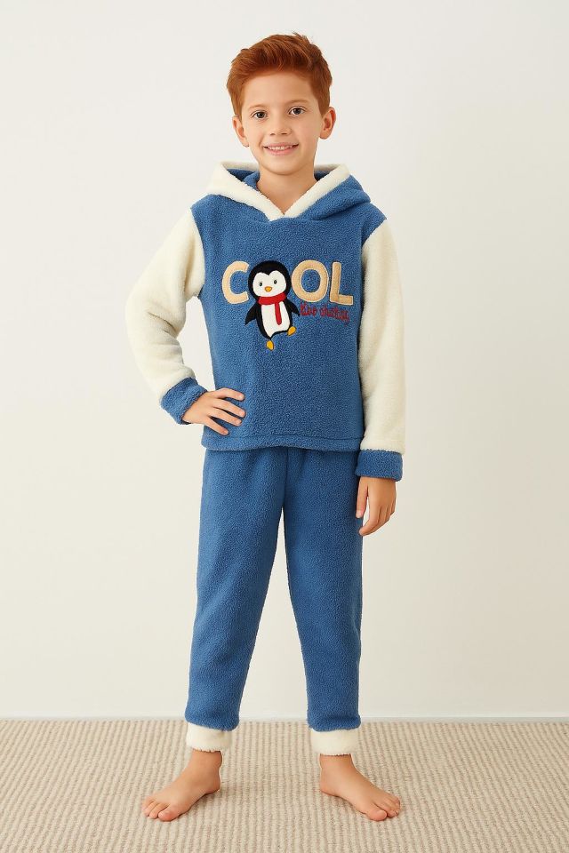 Erkek Çocuk Polar Penguen Nakışlı Kapüşonlu Kışlık Pijama Takımı - Mavi 43316