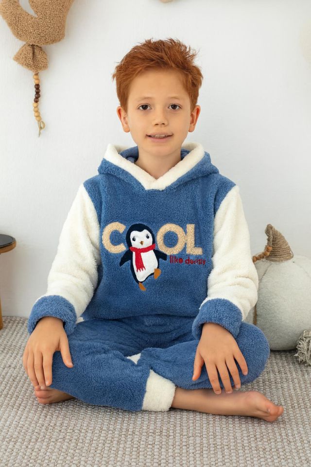Erkek Çocuk Polar Penguen Nakışlı Kapüşonlu Kışlık Pijama Takımı - Mavi 43316