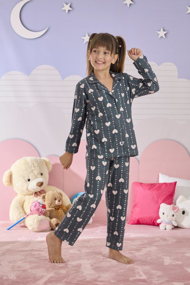 Kız Çocuk Süet Düğmeli Pijama Takımı 3279