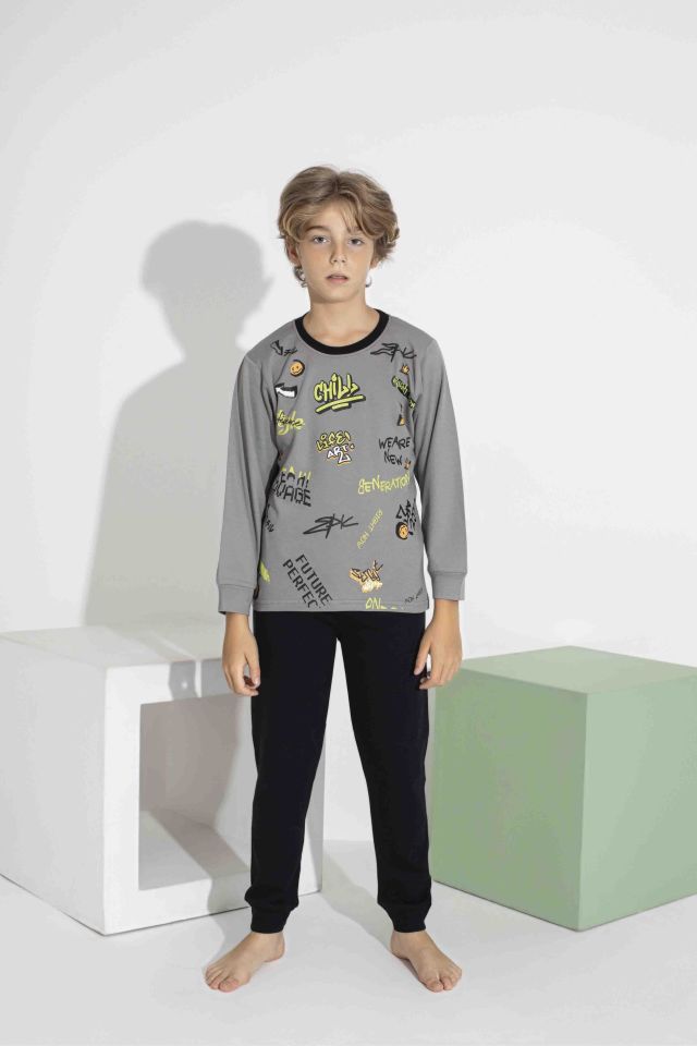 Erkek Çocuk Renkli Baskılı Uzun Kol Pijama Takımı - Interlok Kumaş 7413G