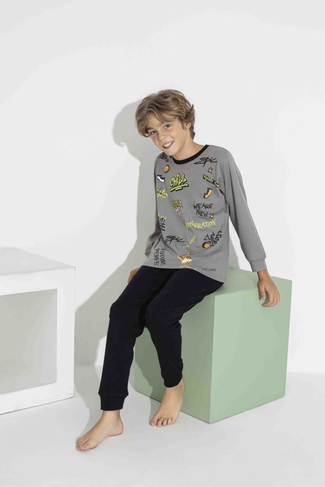 Erkek Çocuk Renkli Baskılı Uzun Kol Pijama Takımı - Interlok Kumaş 7413G