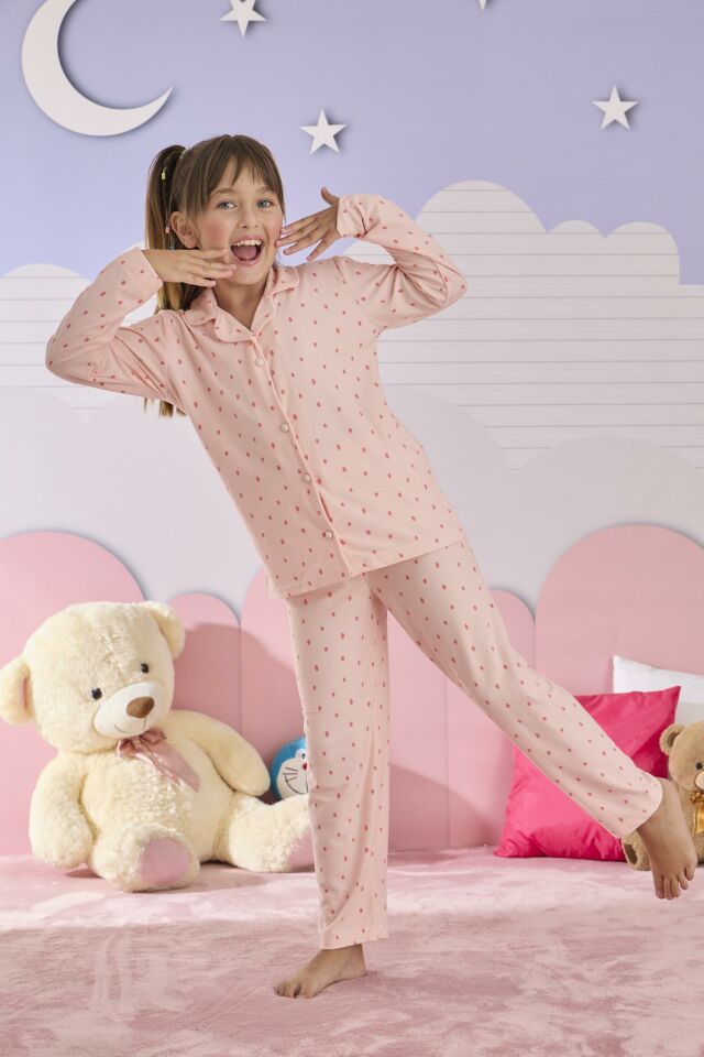 Kız Çocuk Süet Düğmeli Pijama Takımı 3276P
