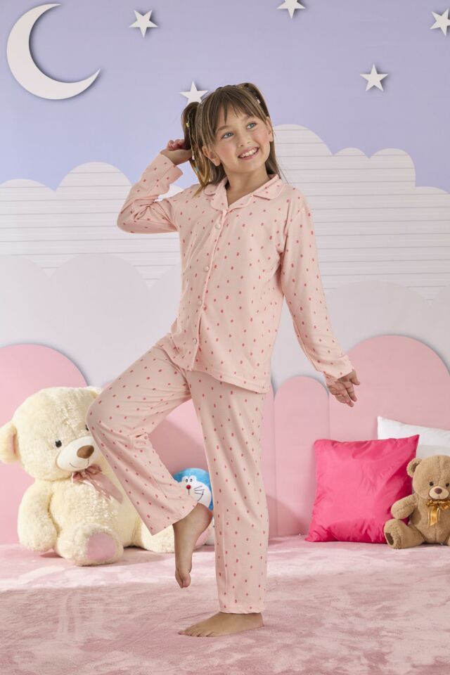 Kız Çocuk Süet Düğmeli Pijama Takımı 3276P