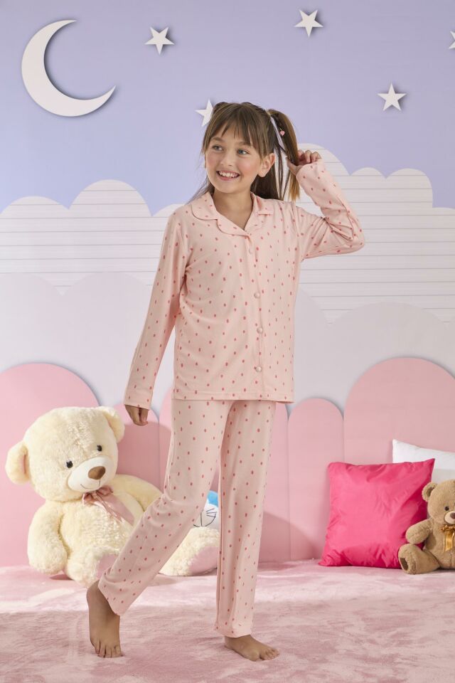 Kız Çocuk Süet Düğmeli Pijama Takımı 3276P