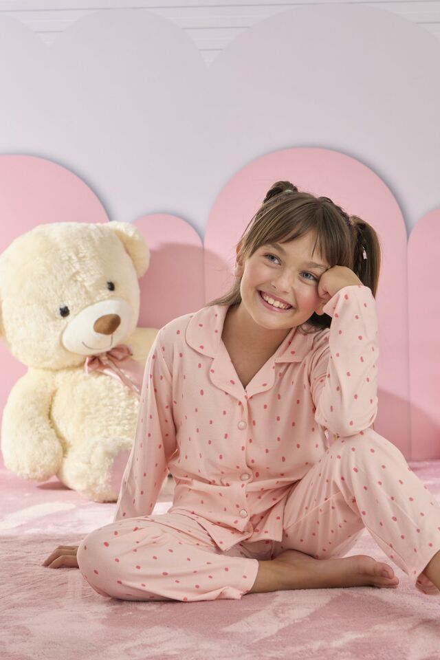 Kız Çocuk Süet Düğmeli Pijama Takımı 3276P
