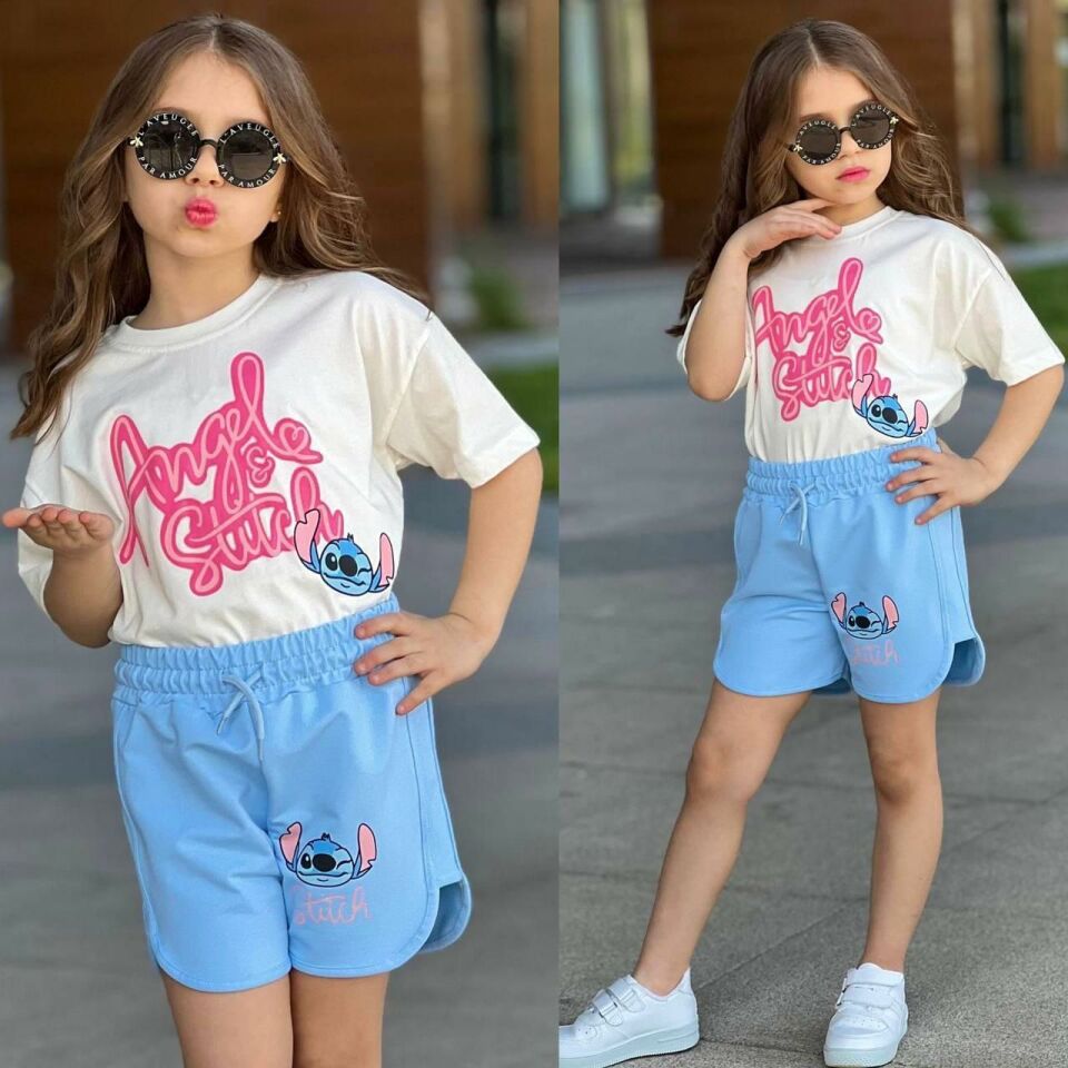 Kız Çocuk Angel & Stitch Baskılı Tişört ve Şort Takımı - 2’li Yazlık Kombin 7209