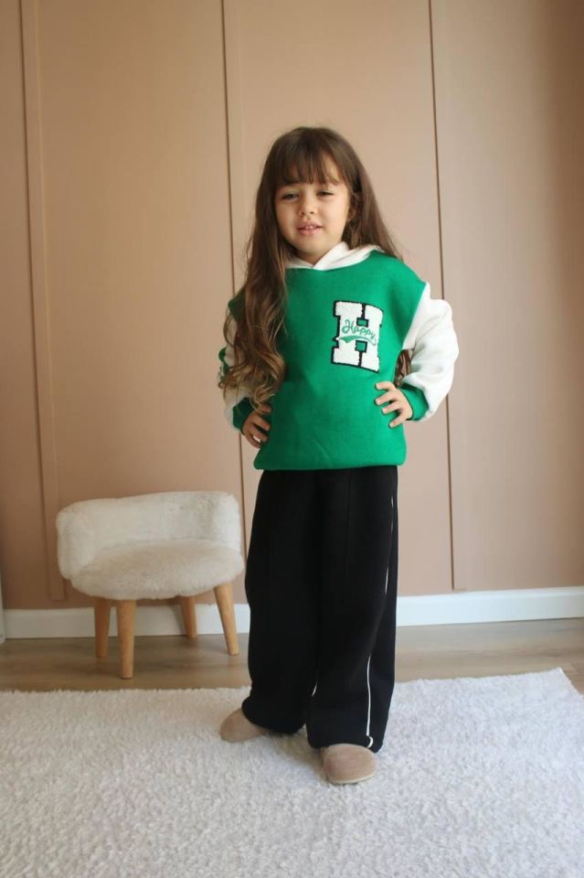 Happy Işlemeli Kapüşonlu Eşofman-Sweatshirt 3 Iplik Şardonlu Kışlık Kız Çocuk Takım j-537