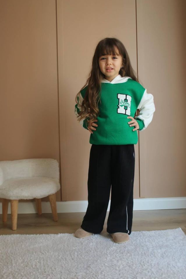 Happy Işlemeli Kapüşonlu Eşofman-Sweatshirt 3 Iplik Şardonlu Kışlık Kız Çocuk Takım j-537