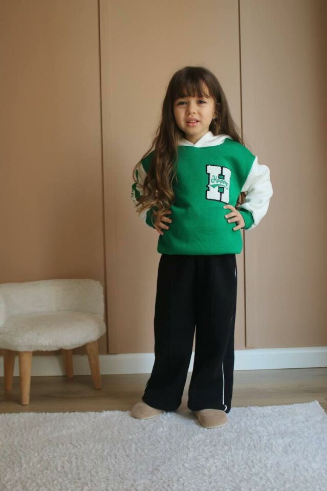 Happy Işlemeli Kapüşonlu Eşofman-Sweatshirt 3 Iplik Şardonlu Kışlık Kız Çocuk Takım j-537