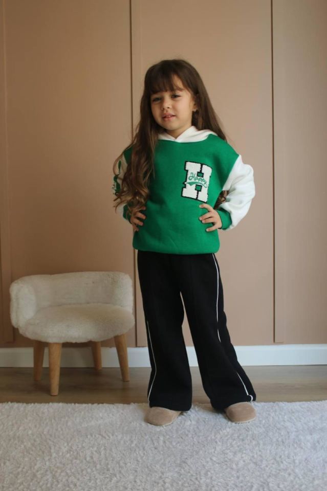 Happy Işlemeli Kapüşonlu Eşofman-Sweatshirt 3 Iplik Şardonlu Kışlık Kız Çocuk Takım j-537