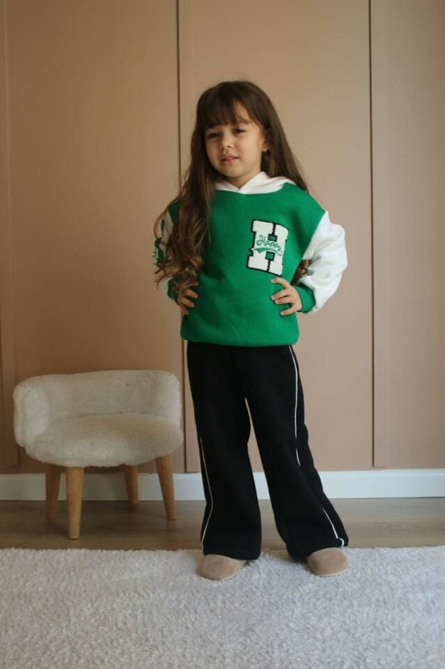 Happy Işlemeli Kapüşonlu Eşofman-Sweatshirt 3 Iplik Şardonlu Kışlık Kız Çocuk Takım j-537
