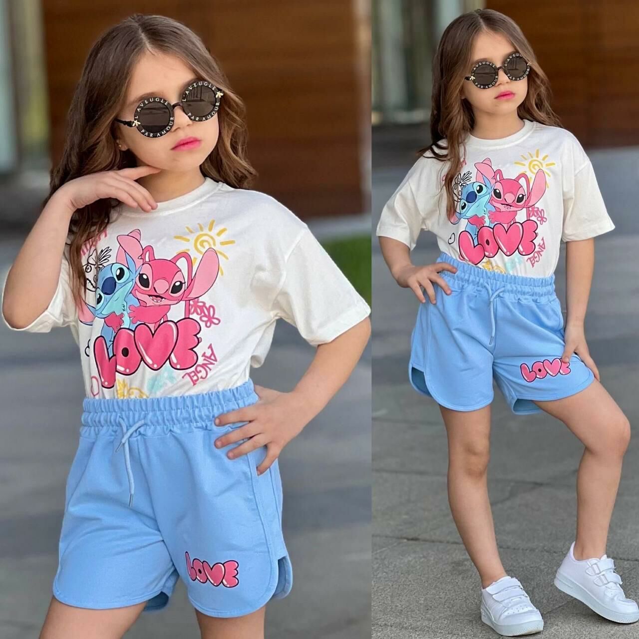 Kız Çocuk Stitch Baskılı Love Tişört ve Şort Takımı - Mavi & Beyaz 7207M