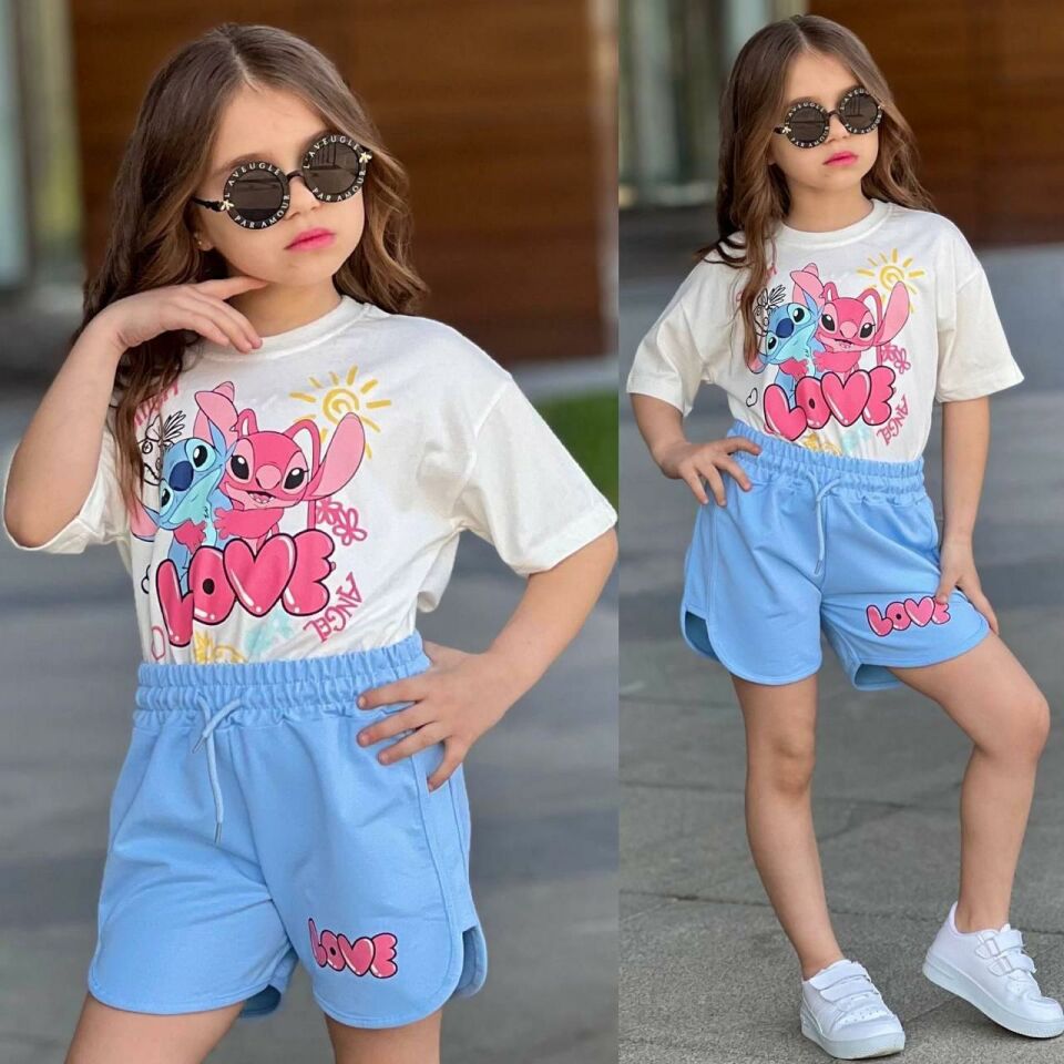 Kız Çocuk Stitch Baskılı Love Tişört ve Şort Takımı - Mavi & Beyaz 7207M