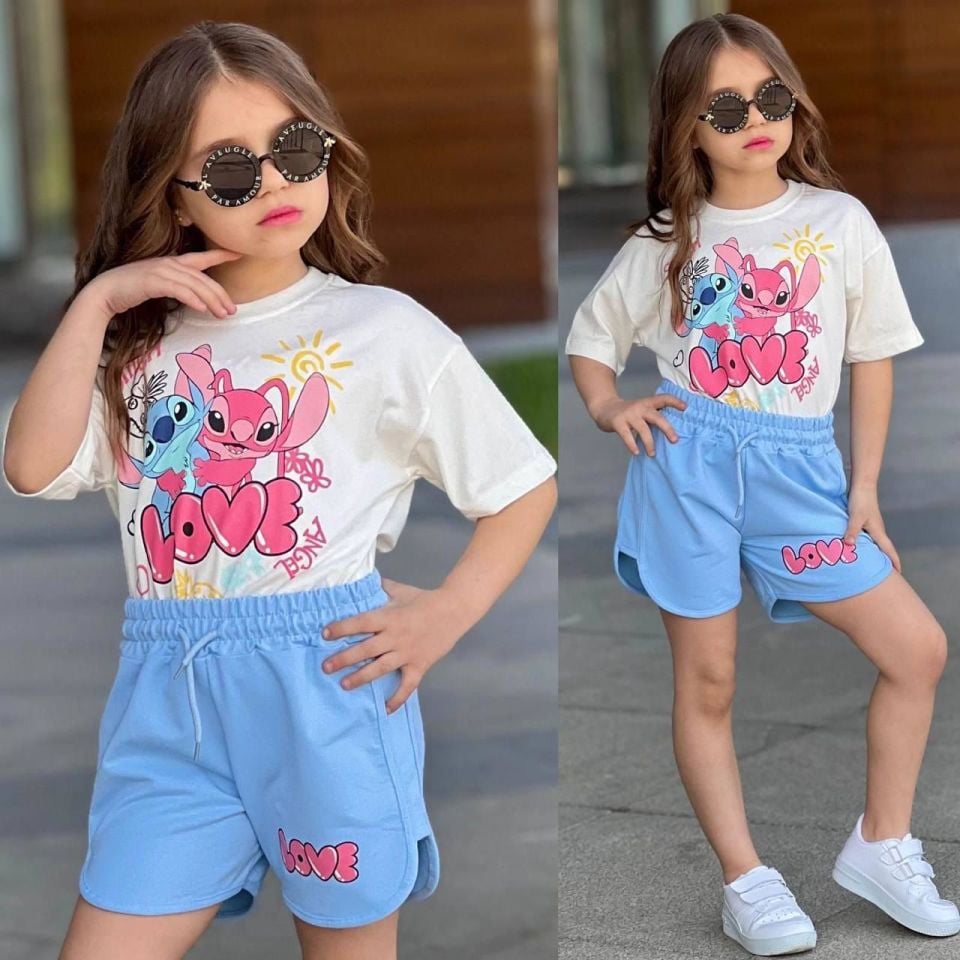 Kız Çocuk Stitch Baskılı Love Tişört ve Şort Takımı - Mavi & Beyaz 7207M