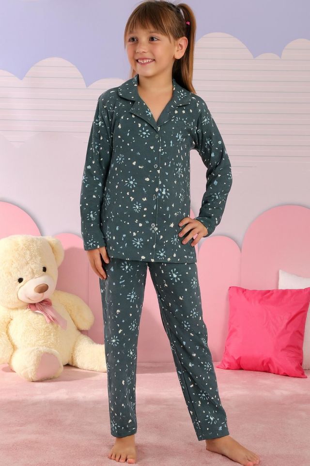 Kız Çocuk Süet Düğmeli Pijama Takımı 3264