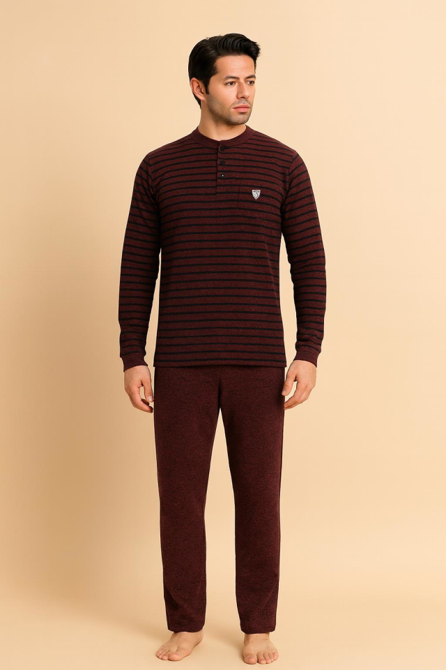 Erkek Bordo Selanik Kumaş Pijama Takımı – Uzun Kollu-3346-B