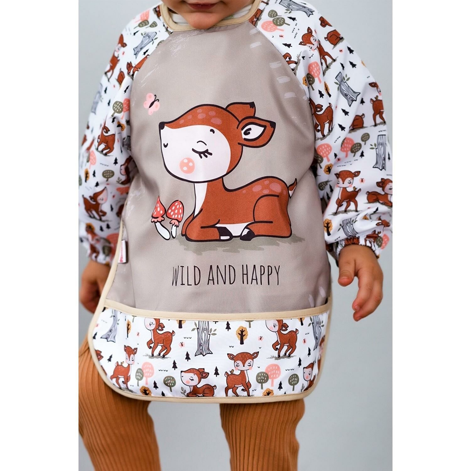 Wild And Happy Karaca Desenli Uzun Kollu Unisex Bebek Mama Önlüğü Sıvı Geçirmez 0-3 Yaş