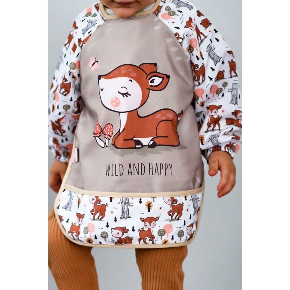 Wild And Happy Karaca Desenli Uzun Kollu Unisex Bebek Mama Önlüğü Sıvı Geçirmez 0-3 Yaş