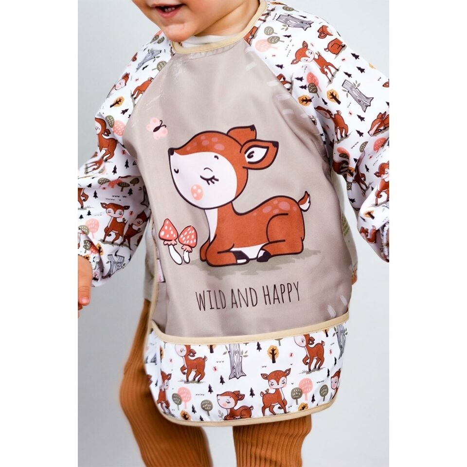 Wild And Happy Karaca Desenli Uzun Kollu Unisex Bebek Mama Önlüğü Sıvı Geçirmez 0-3 Yaş