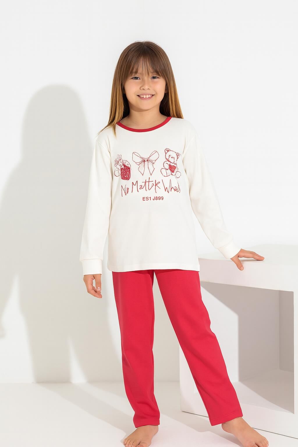 Kız Çocuk Interlok Pijama Takımı Uzun Kollu Rahat Kesim 8407
