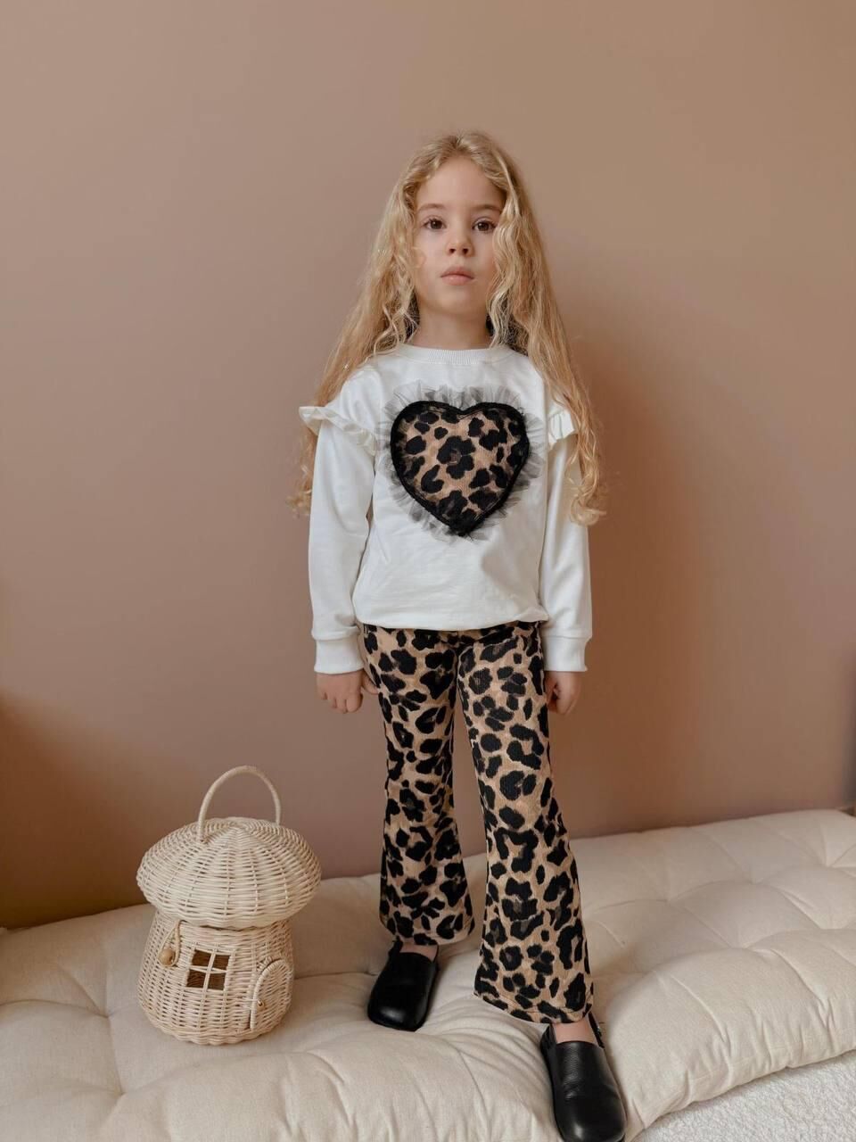 Leopar Taytlı İspanyol Paça Kız Çocuk Alt Üst Takım 2556 BEYAZ