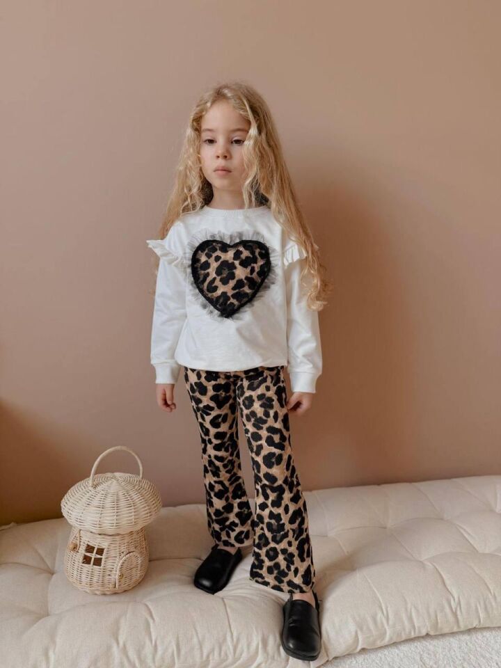 Leopar Taytlı İspanyol Paça Kız Çocuk Alt Üst Takım 2556 BEYAZ