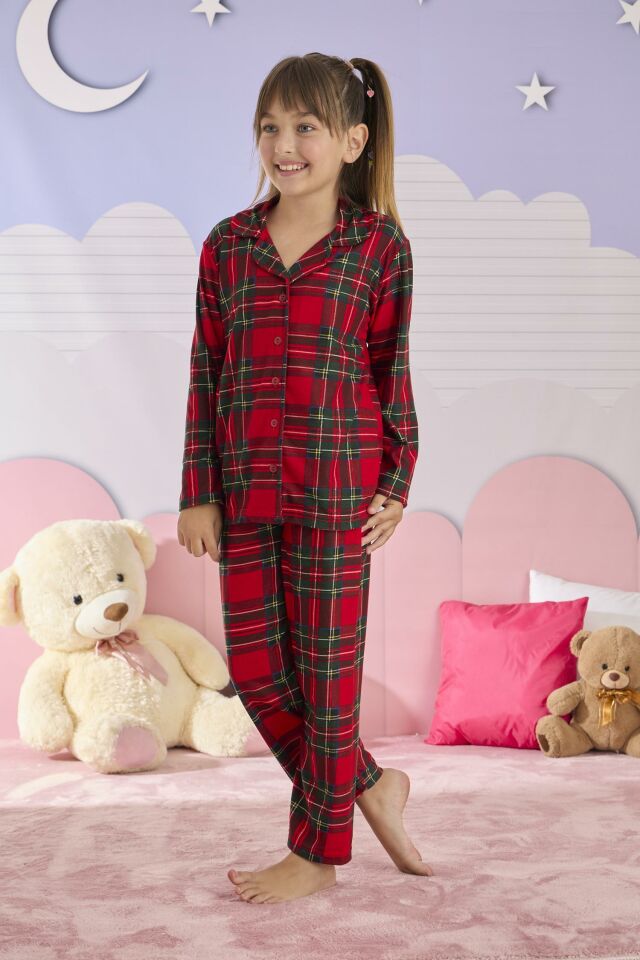 Kız Çocuk Süet Düğmeli Pijama Takımı 3253