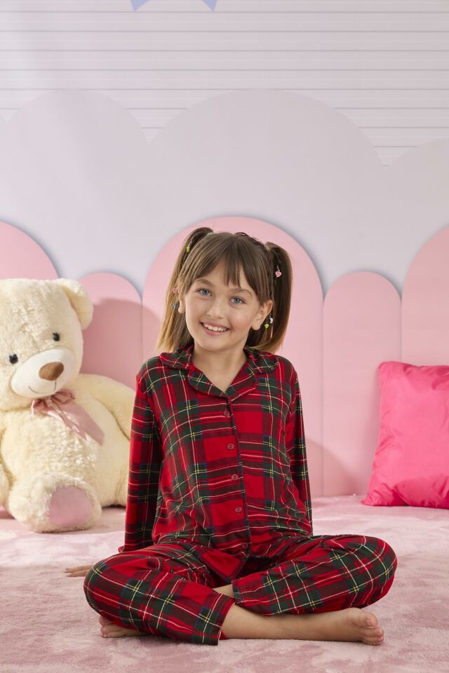 Kız Çocuk Süet Düğmeli Pijama Takımı 3253