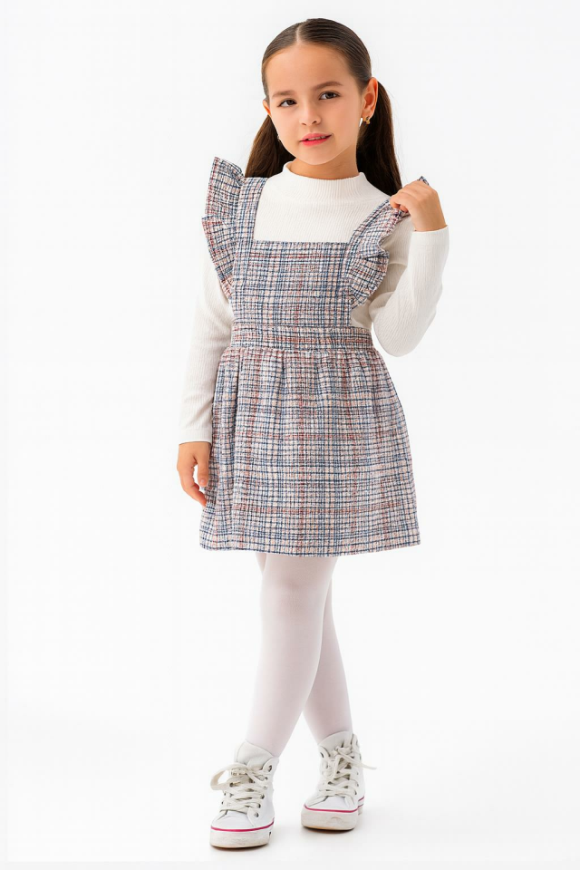 Kız Çocuk Ekose Askılı Elbise Takım – Fırfır Detaylı & Uzun Kollu Bluz-1570-M