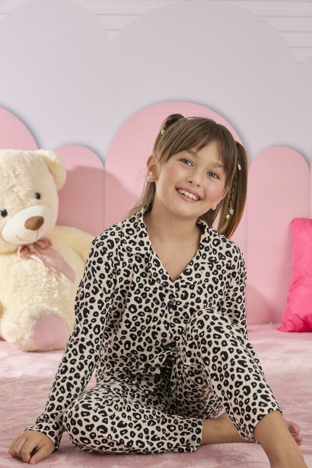 Kız Çocuk Süet Düğmeli Pijama Takımı 3273