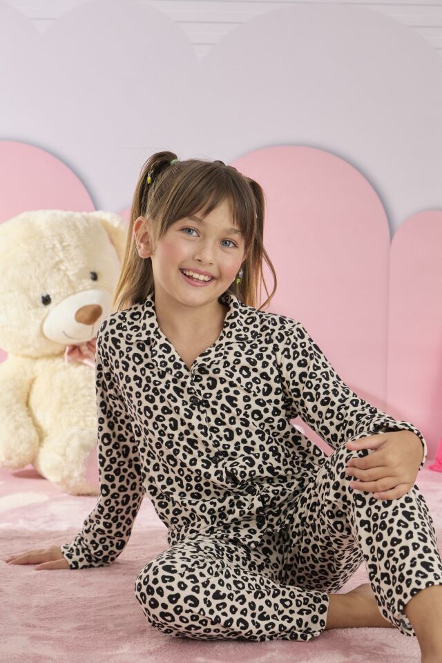 Kız Çocuk Süet Düğmeli Pijama Takımı 3273