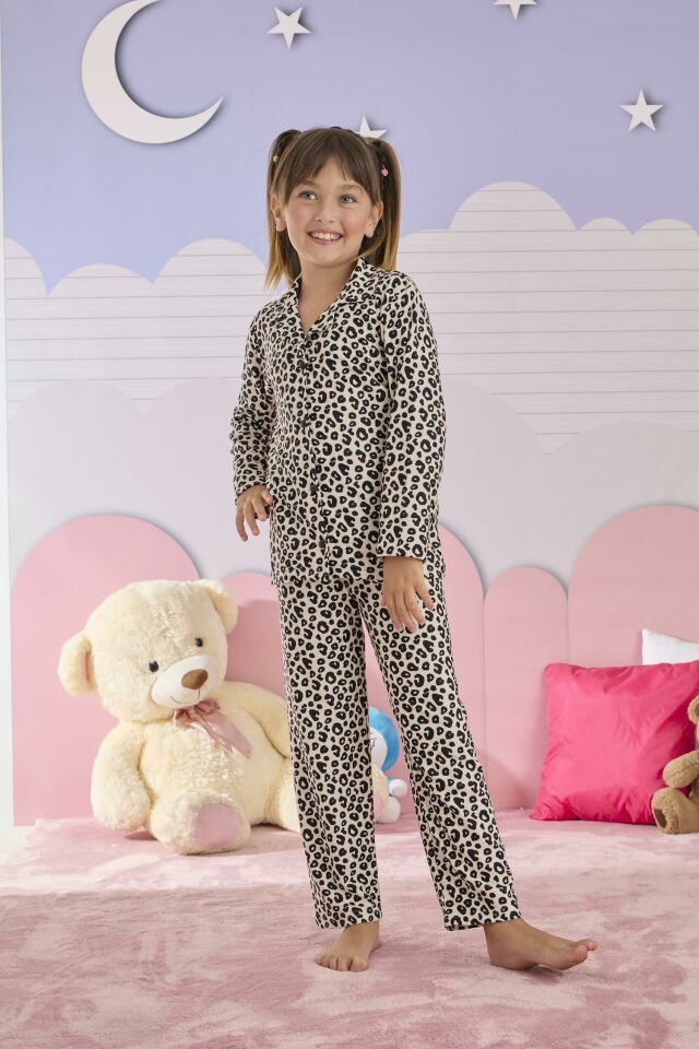 Kız Çocuk Süet Düğmeli Pijama Takımı 3273